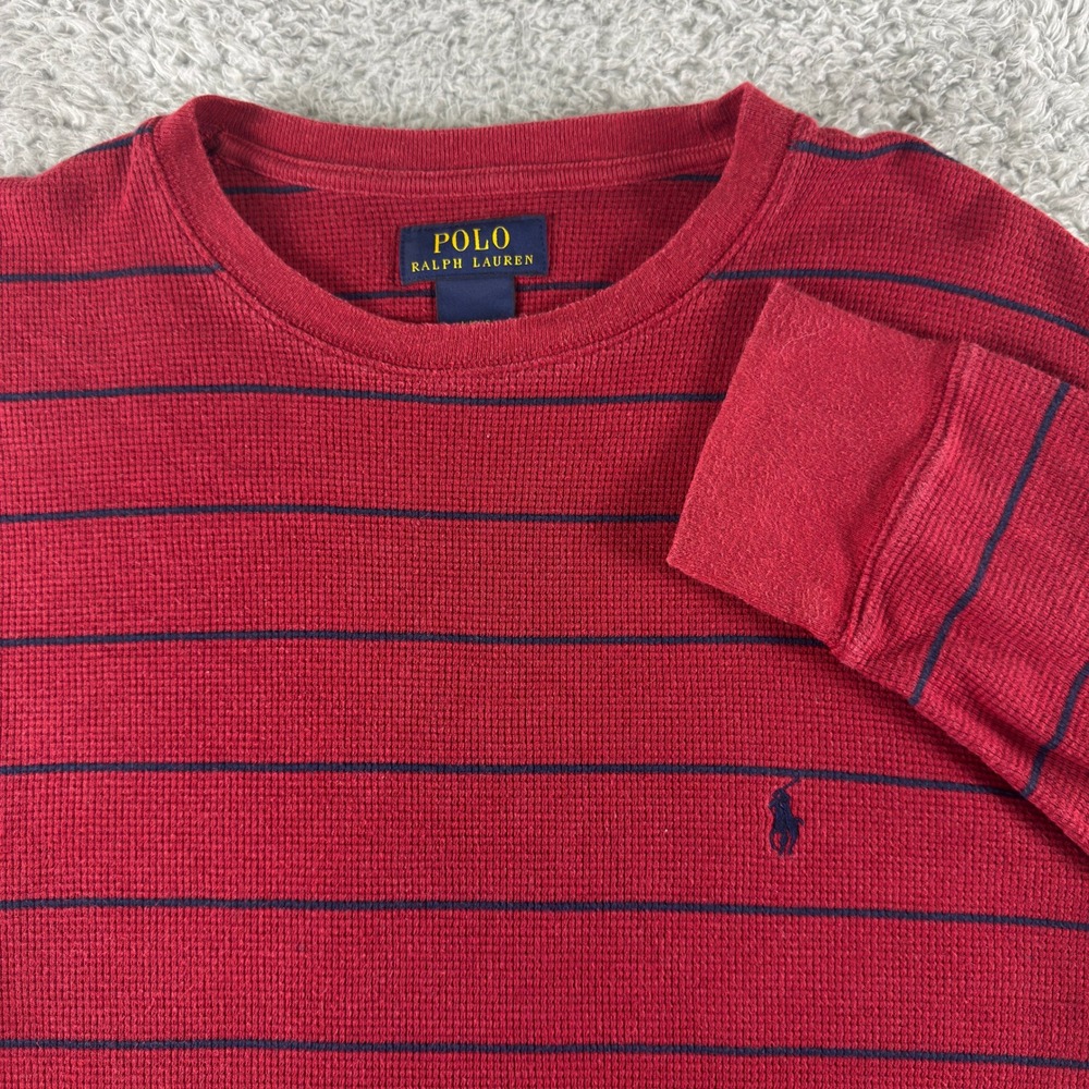Polo Ralph Lauren Mens Red Navy Blue Striped Waffle Knit Thermal Shirt Large L